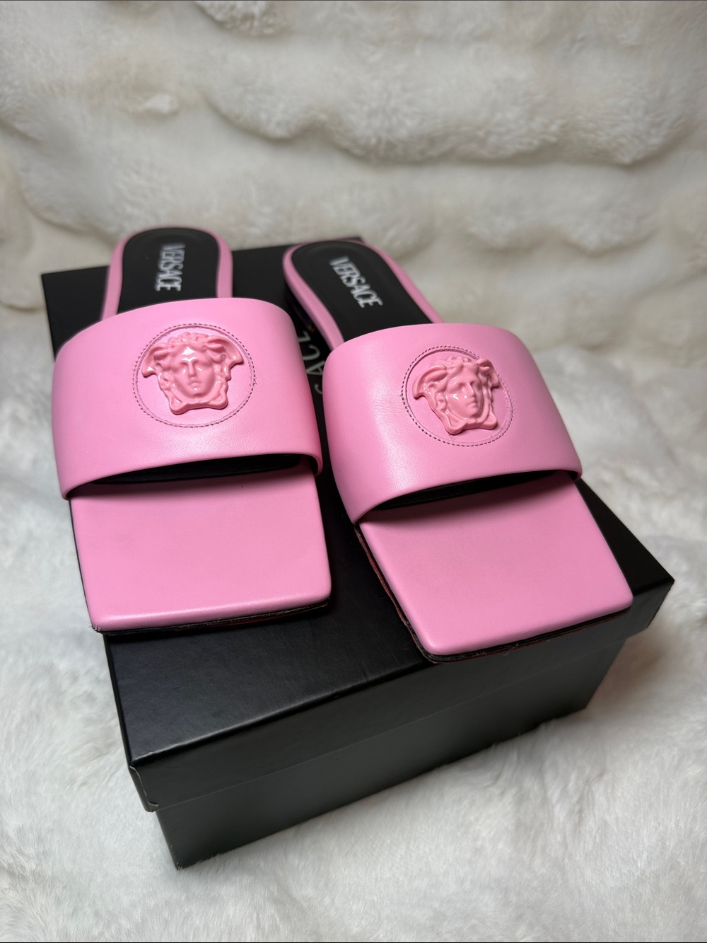 Versace Pink Medusa Square-Toe Slide Sandals